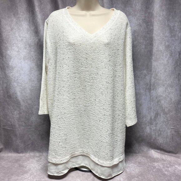 Catherines  2X V-Neck Pullover LS Blouse Top White Textured With Silver Specks - Picture 2 of 9